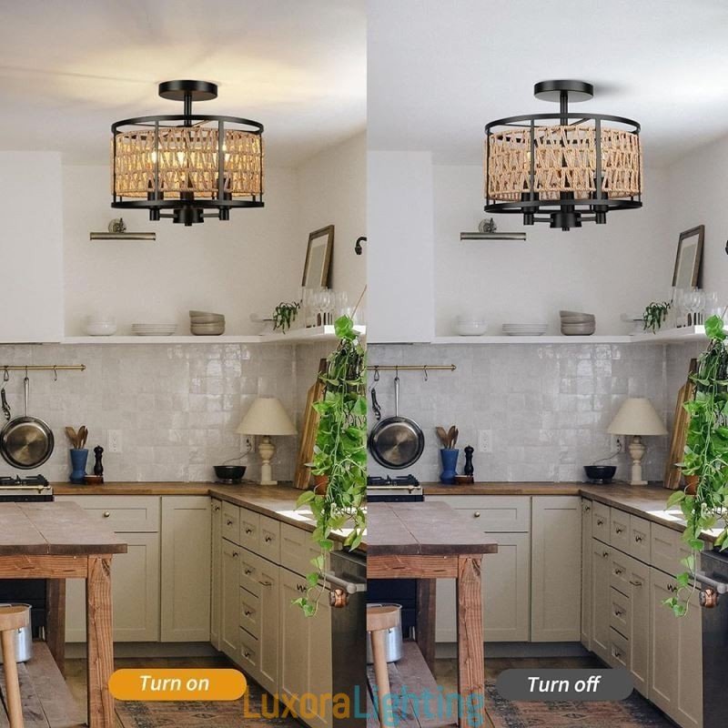 Designer Touch Decorative Retro Ceiling Light Black Iron Paper Rope Ceiling Lamp 3 Lights