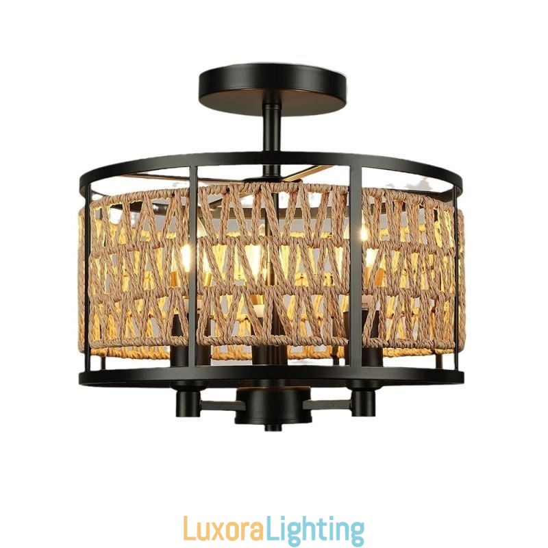 Designer Touch Decorative Retro Ceiling Light Black Iron Paper Rope Ceiling Lamp 3 Lights