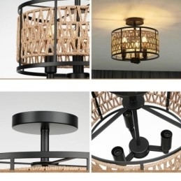 Designer Touch Decorative Retro Ceiling Light Black Iron Paper Rope Ceiling Lamp 3 Lights