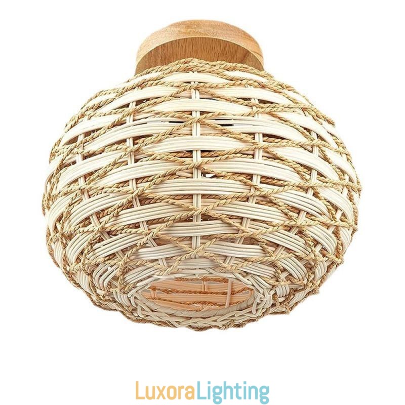 Designer Touch Decorative Wood Color Pumpkin Flush Mount Paper Rope Rattan Woven Lampshade