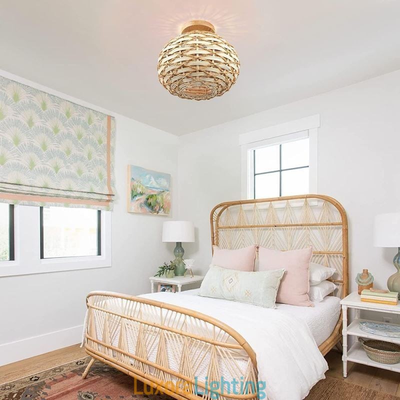 Designer Touch Decorative Wood Color Pumpkin Flush Mount Paper Rope Rattan Woven Lampshade