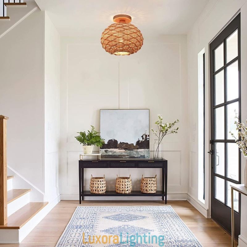 Designer Touch Decorative Wood Color Pumpkin Flush Mount Paper Rope Rattan Woven Lampshade