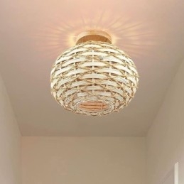 Designer Touch Decorative Wood Color Pumpkin Flush Mount Paper Rope Rattan Woven Lampshade