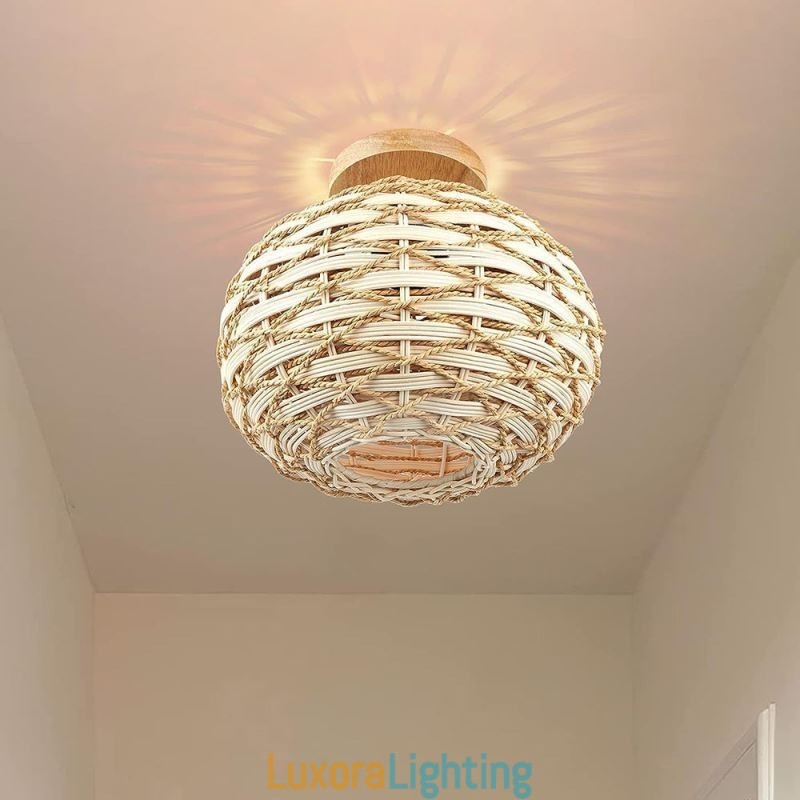 Designer Touch Decorative Wood Color Pumpkin Flush Mount Paper Rope Rattan Woven Lampshade
