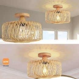 Designer Touch Decorative Retro Double Layer Ceiling Lamp Handwoven Bamboo Lampshade Ceiling Light