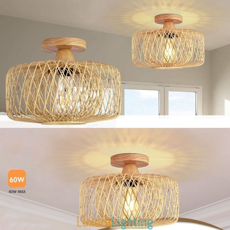 Designer Touch Decorative Retro Double Layer Ceiling Lamp Handwoven Bamboo Lampshade Ceiling Light