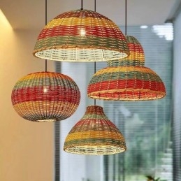 Designer Touch Decorative Bamboo And Rattan Pendant Light Colorful Striped Interval Handwoven Lamp Shade Ceiling Lamp