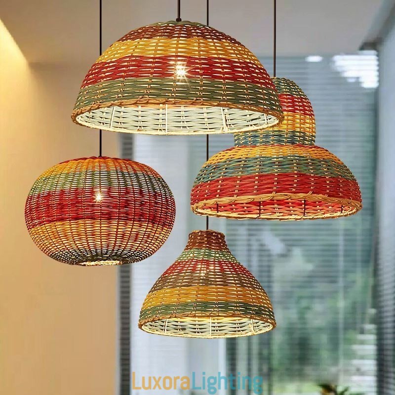 Designer Touch Decorative Bamboo And Rattan Pendant Light Colorful Striped Interval Handwoven Lamp Shade Ceiling Lamp