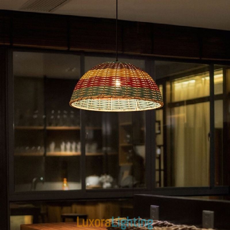 Designer Touch Decorative Bamboo And Rattan Pendant Light Colorful Striped Interval Handwoven Lamp Shade Ceiling Lamp