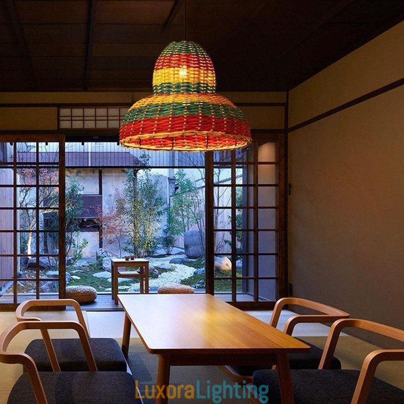 Designer Touch Decorative Bamboo And Rattan Pendant Light Colorful Striped Interval Handwoven Lamp Shade Ceiling Lamp