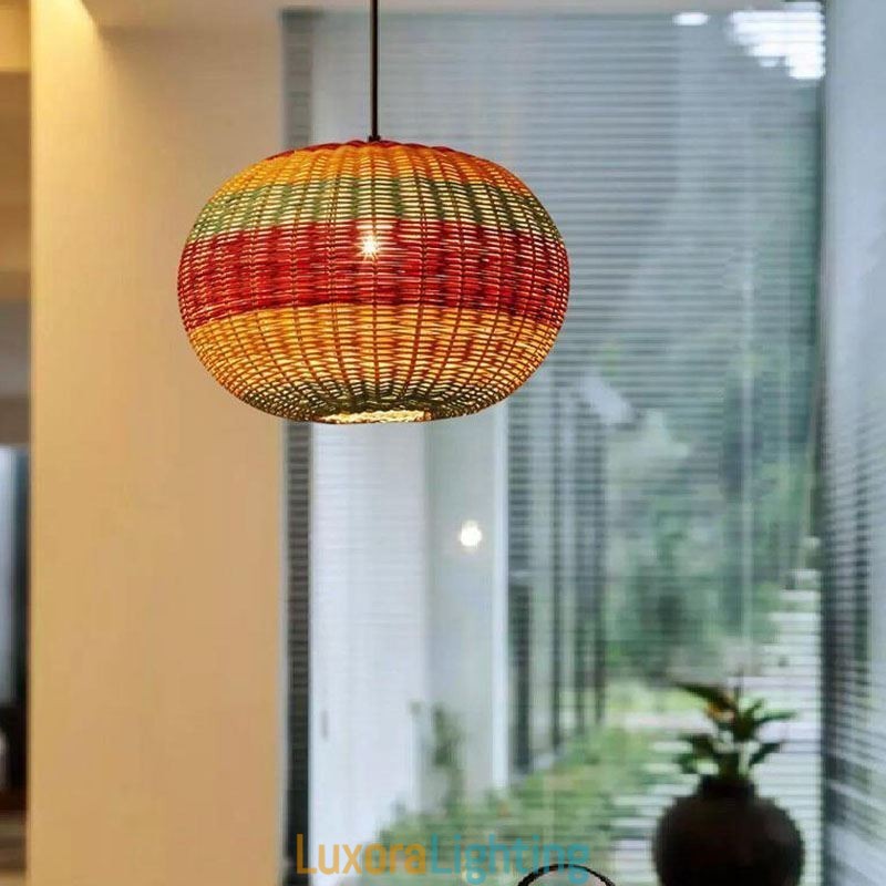 Designer Touch Decorative Bamboo And Rattan Pendant Light Colorful Striped Interval Handwoven Lamp Shade Ceiling Lamp
