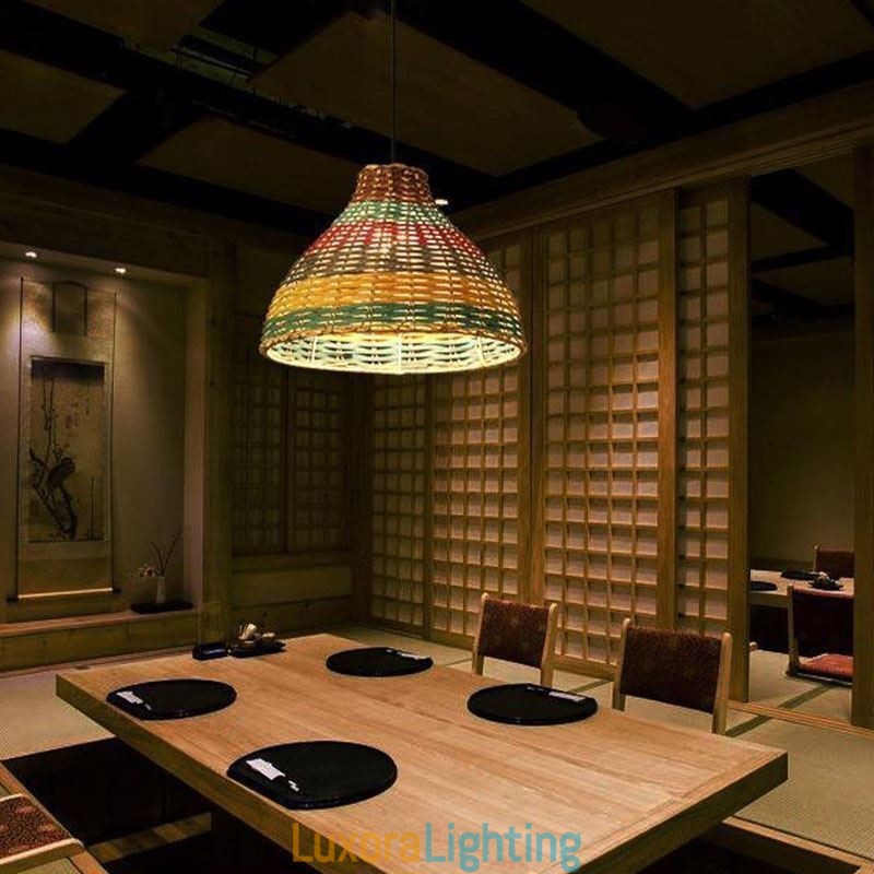 Designer Touch Decorative Bamboo And Rattan Pendant Light Colorful Striped Interval Handwoven Lamp Shade Ceiling Lamp