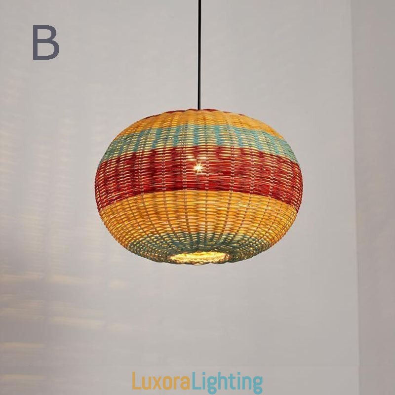 Designer Touch Decorative Bamboo And Rattan Pendant Light Colorful Striped Interval Handwoven Lamp Shade Ceiling Lamp
