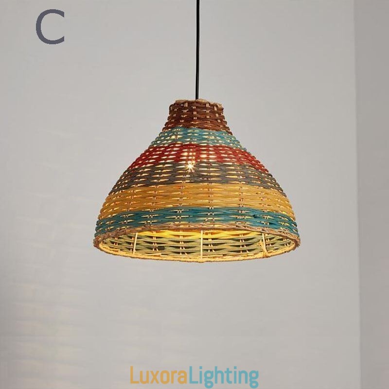 Designer Touch Decorative Bamboo And Rattan Pendant Light Colorful Striped Interval Handwoven Lamp Shade Ceiling Lamp