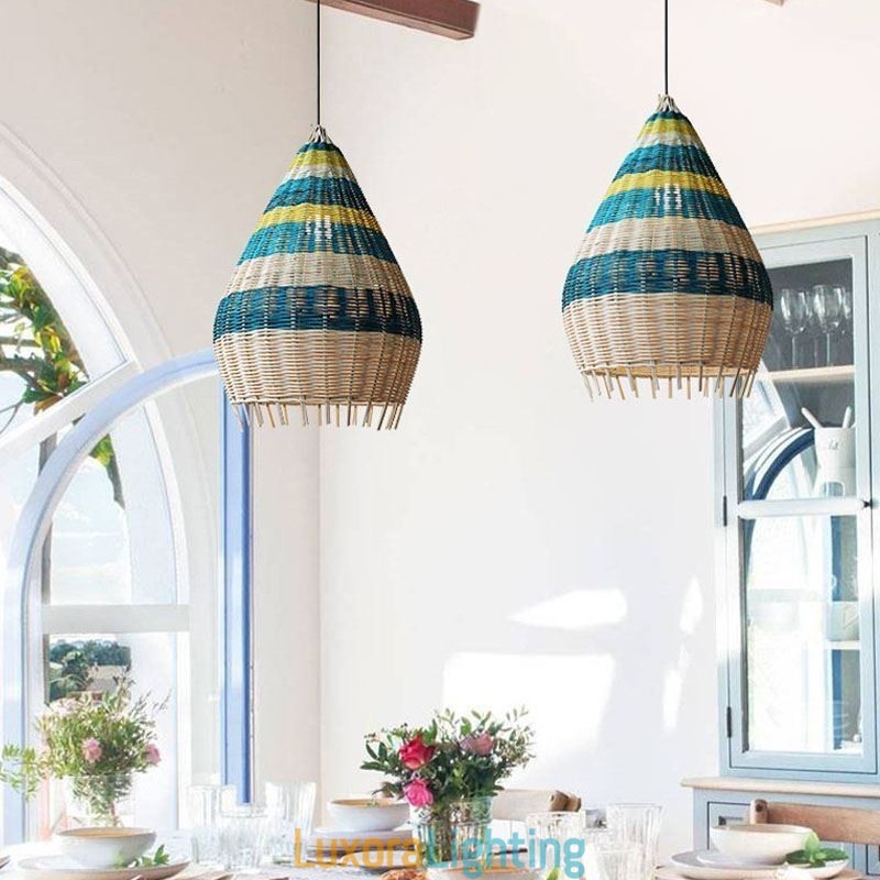 Designer Touch Decorative Bamboo And Rattan Pendant Light Striped Interval Handwoven Lampshade Ceiling Lamp