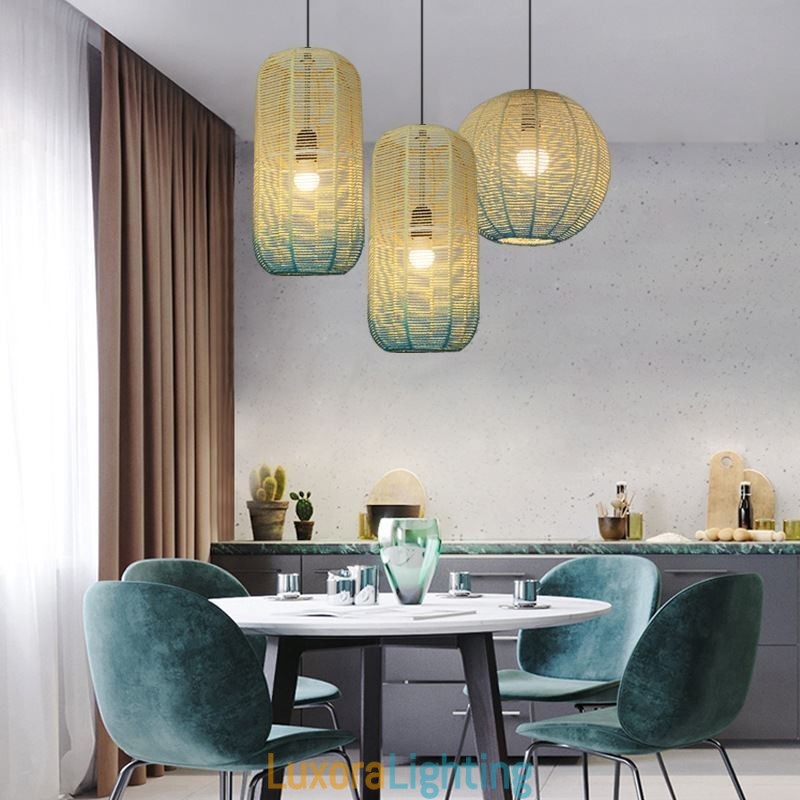 Designer Touch Decorative Paper Rope Pendant Light Country Retro Gradient Blue Ceiling Lamp