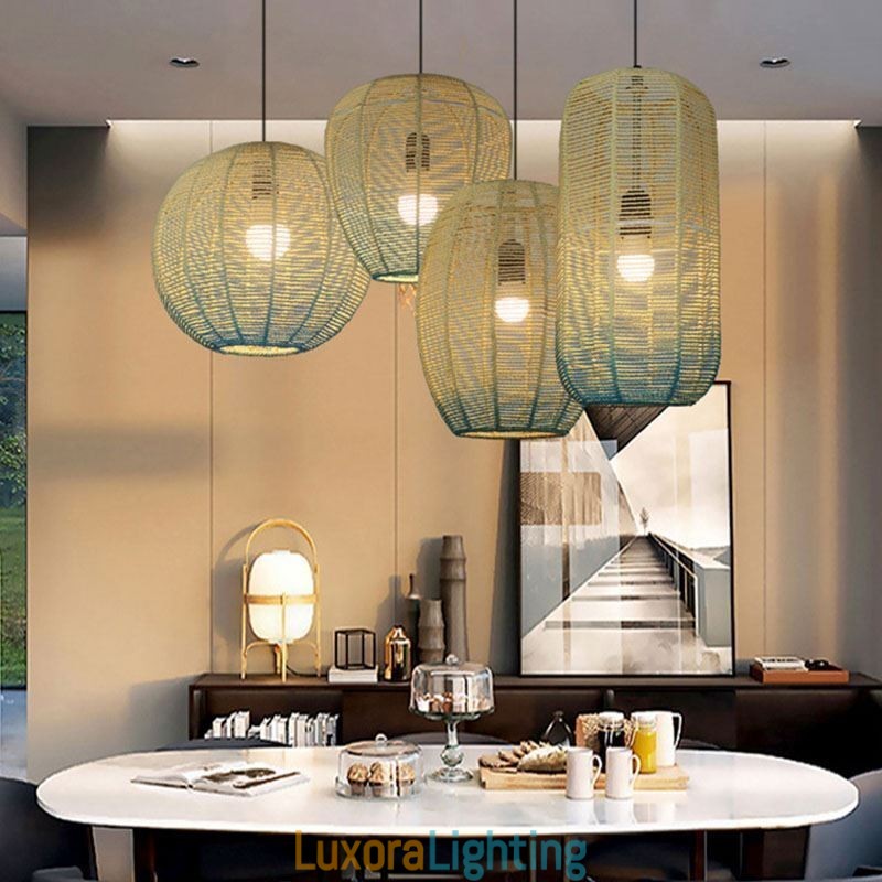 Designer Touch Decorative Paper Rope Pendant Light Country Retro Gradient Blue Ceiling Lamp