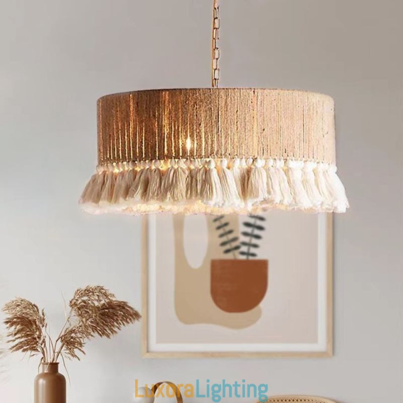 Designer Touch Decorative Retro Pendant Light Bohemian Style Hemp Rope Tassel Ceiling Light