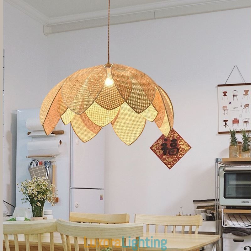 Designer Touch Decorative Rattan Lotus Pendant Light Cafe Retro Rattan Art Ceiling Light