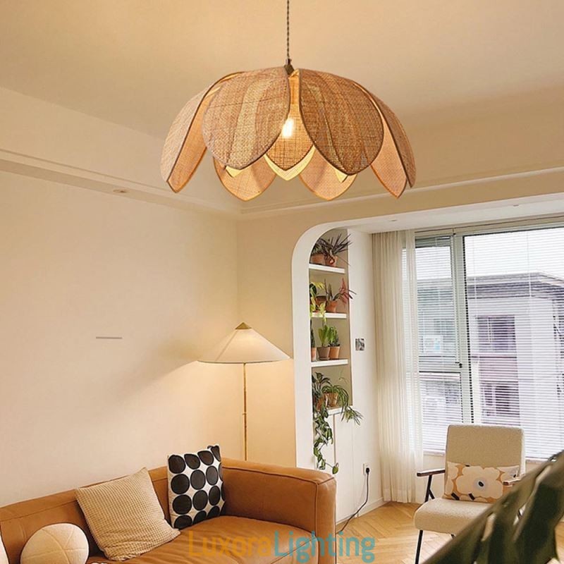 Designer Touch Decorative Rattan Lotus Pendant Light Cafe Retro Rattan Art Ceiling Light