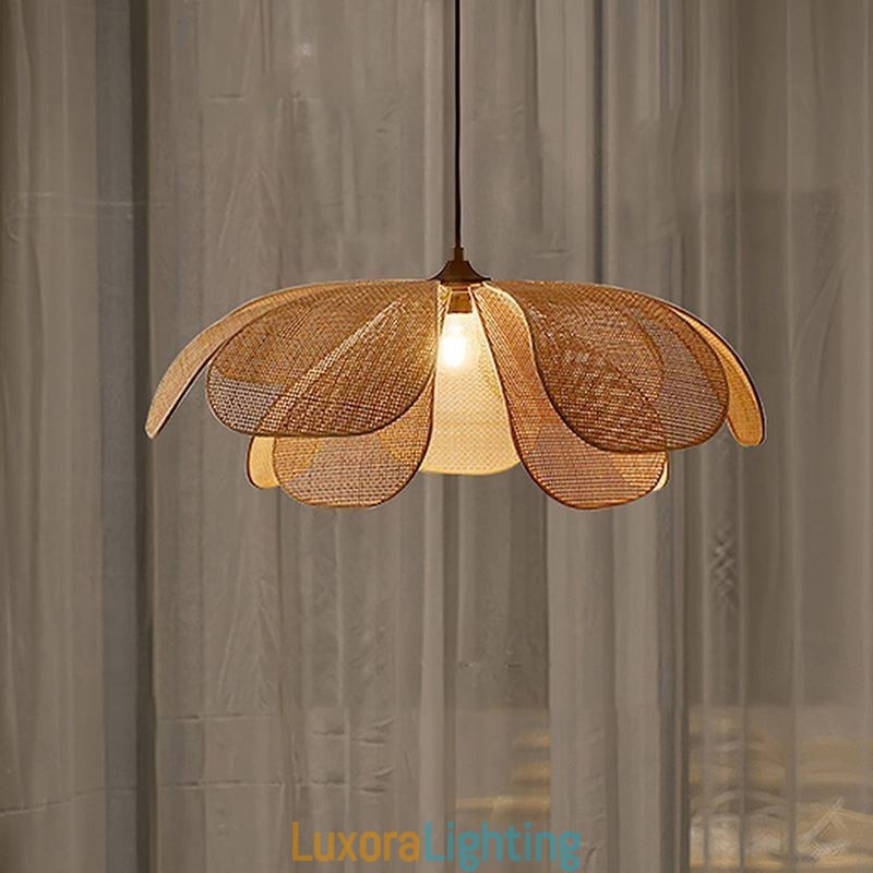 Designer Touch Decorative Rattan Petal Pendant Light Wabi Sabi Style Hand Woven Rattan Ceiling Light