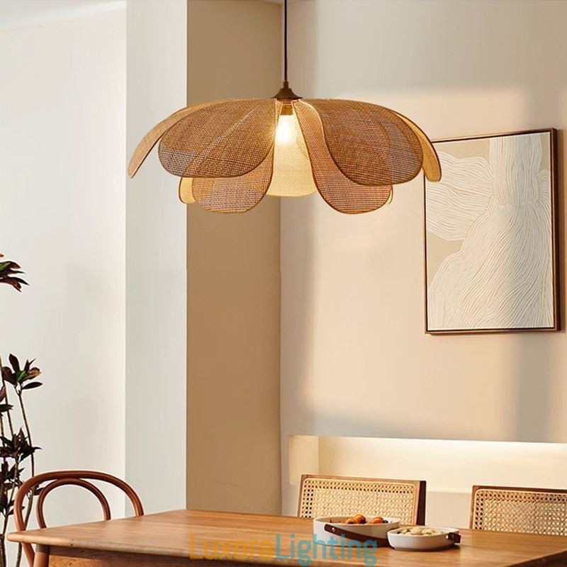 Designer Touch Decorative Rattan Petal Pendant Light Wabi Sabi Style Hand Woven Rattan Ceiling Light