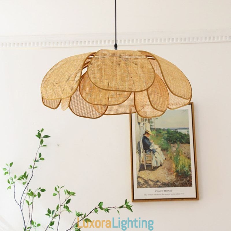 Designer Touch Decorative Rattan Petal Pendant Light Wabi Sabi Style Hand Woven Rattan Ceiling Light
