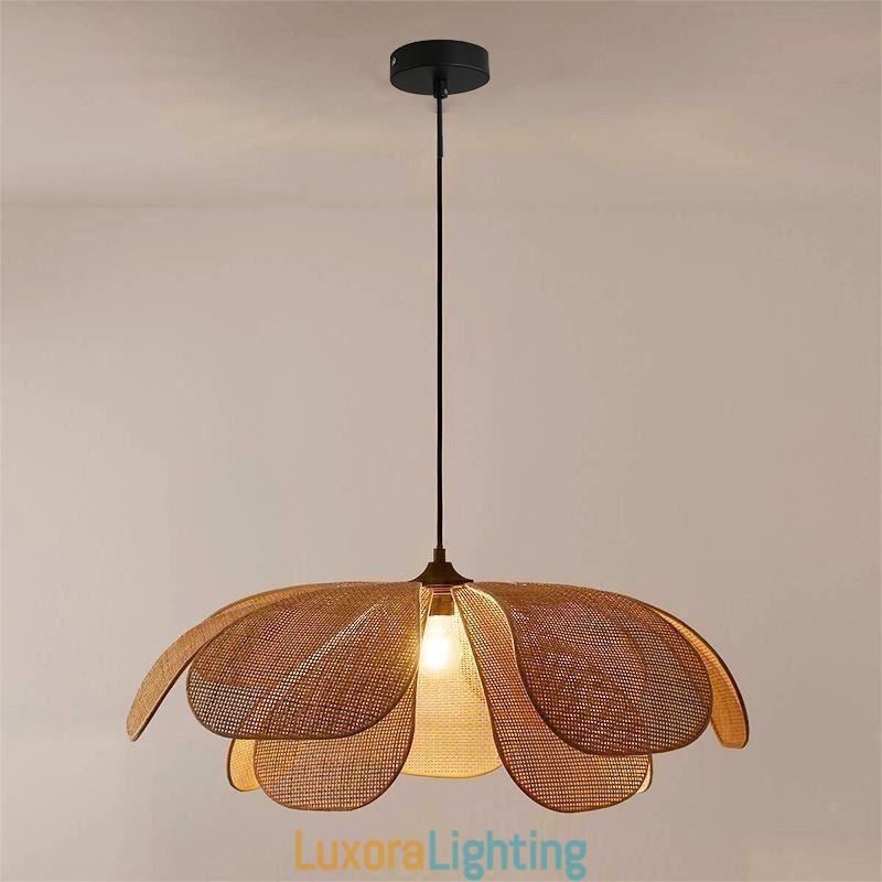Designer Touch Decorative Rattan Petal Pendant Light Wabi Sabi Style Hand Woven Rattan Ceiling Light