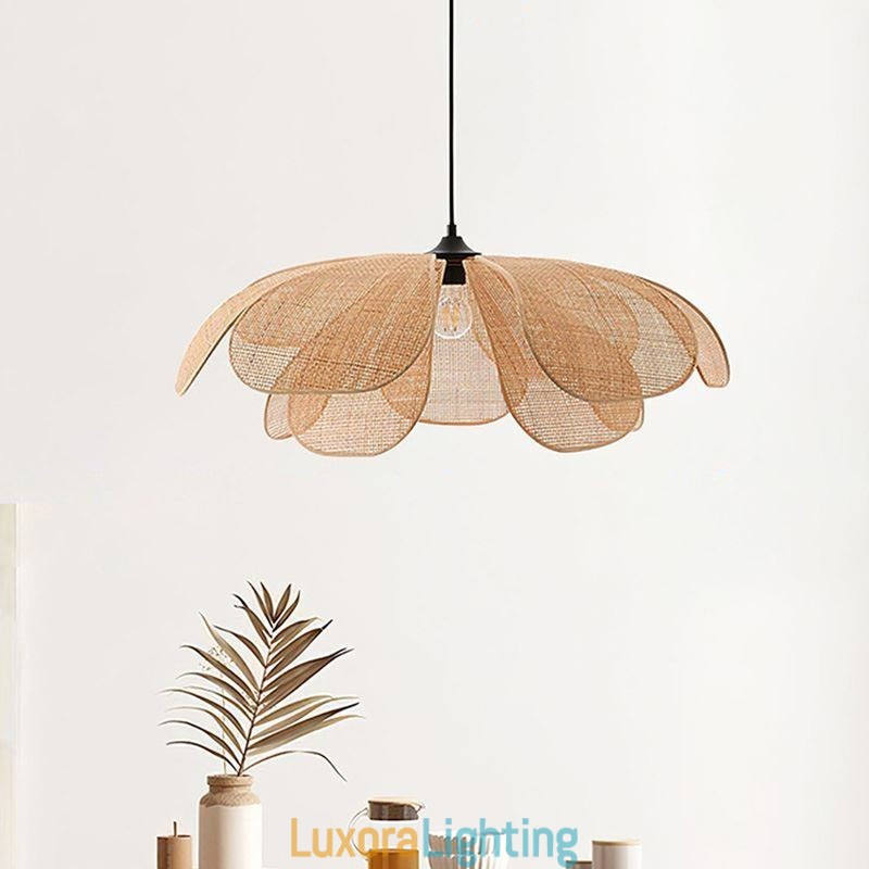 Designer Touch Decorative Rattan Petal Pendant Light Wabi Sabi Style Hand Woven Rattan Ceiling Light