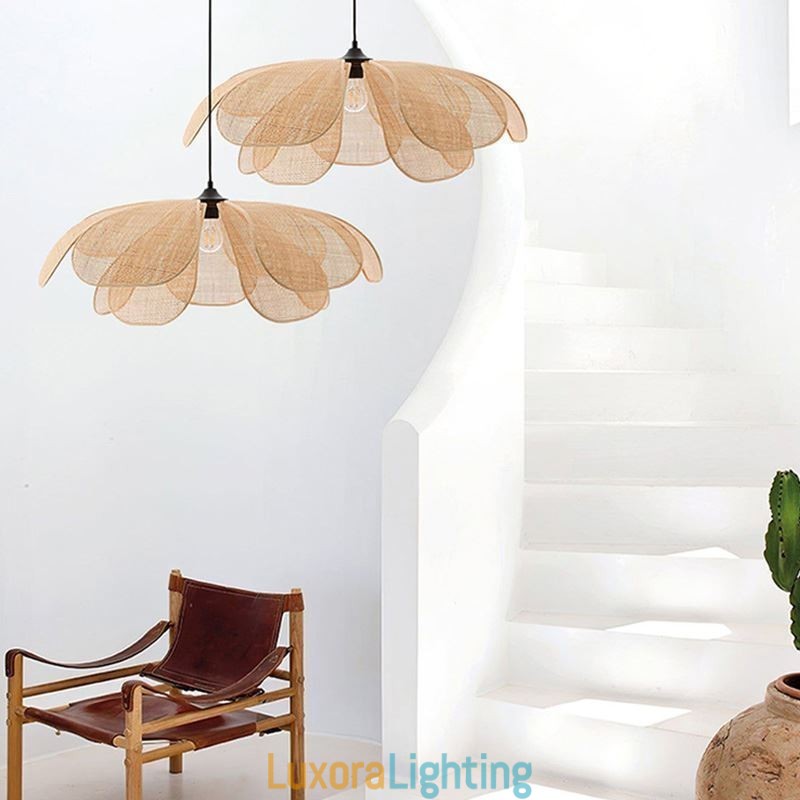 Designer Touch Decorative Rattan Petal Pendant Light Wabi Sabi Style Hand Woven Rattan Ceiling Light