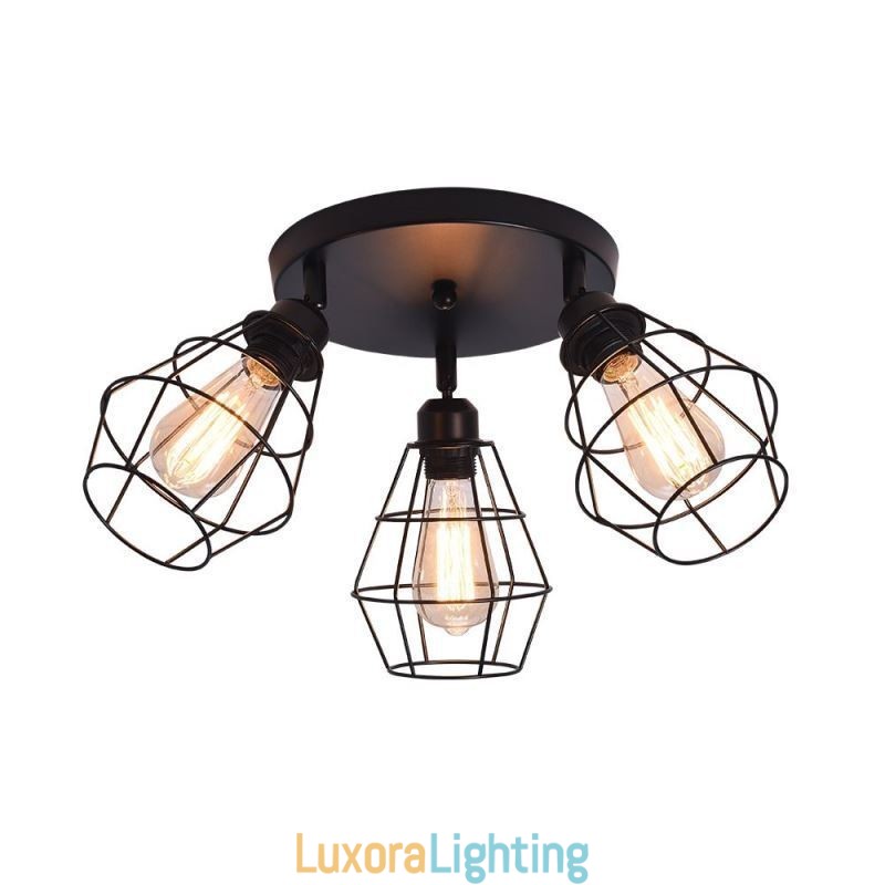 Designer Touch Decorative Industrial Flush Mount Ceiling Light Fixture 3 Light Metal Cage Ceiling Lamp