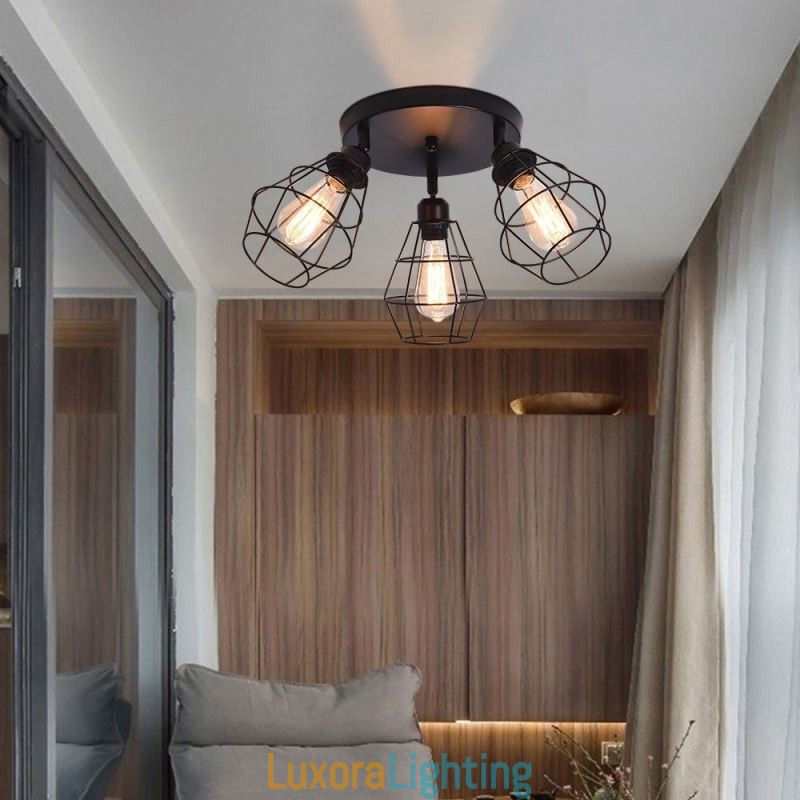 Designer Touch Decorative Industrial Flush Mount Ceiling Light Fixture 3 Light Metal Cage Ceiling Lamp