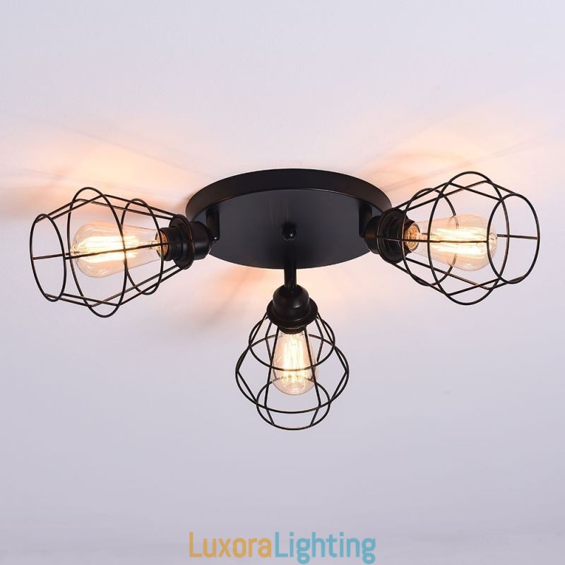 Designer Touch Decorative Industrial Flush Mount Ceiling Light Fixture 3 Light Metal Cage Ceiling Lamp