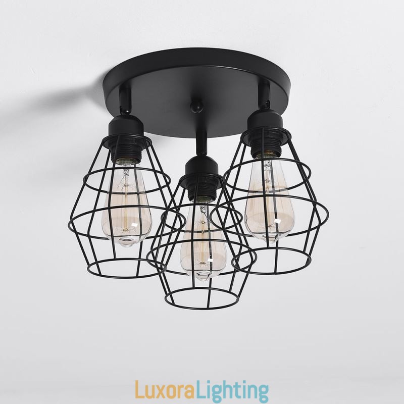 Designer Touch Decorative Industrial Flush Mount Ceiling Light Fixture 3 Light Metal Cage Ceiling Lamp