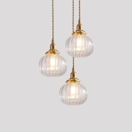 Designer Touch Decorative Glass Pendant Light Clear Round Ribbed Pumpkin Shape Lamp 1 Light