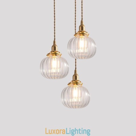 Designer Touch Decorative Glass Pendant Light Clear Round Ribbed Pumpkin Shape Lamp 1 Light