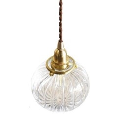 Designer Touch Decorative Glass Pendant Light Clear Round Ribbed Pumpkin Shape Lamp 1 Light