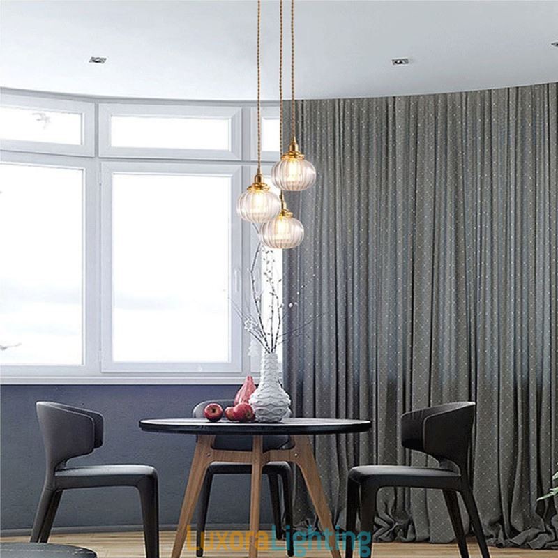 Designer Touch Decorative Glass Pendant Light Clear Round Ribbed Pumpkin Shape Lamp 1 Light