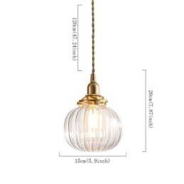 Designer Touch Decorative Glass Pendant Light Clear Round Ribbed Pumpkin Shape Lamp 1 Light