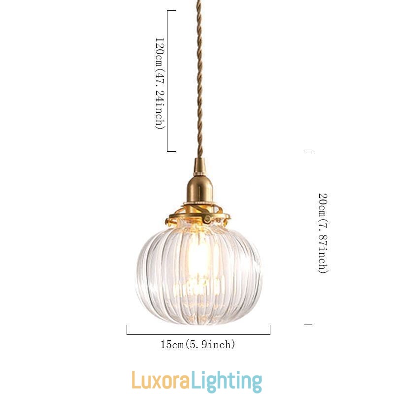 Designer Touch Decorative Glass Pendant Light Clear Round Ribbed Pumpkin Shape Lamp 1 Light
