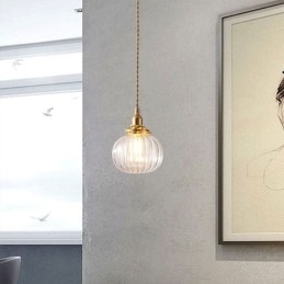 Designer Touch Decorative Glass Pendant Light Clear Round Ribbed Pumpkin Shape Lamp 1 Light