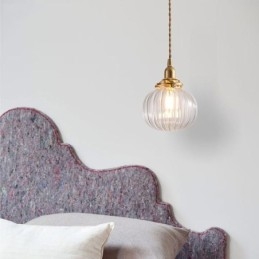 Designer Touch Decorative Glass Pendant Light Clear Round Ribbed Pumpkin Shape Lamp 1 Light