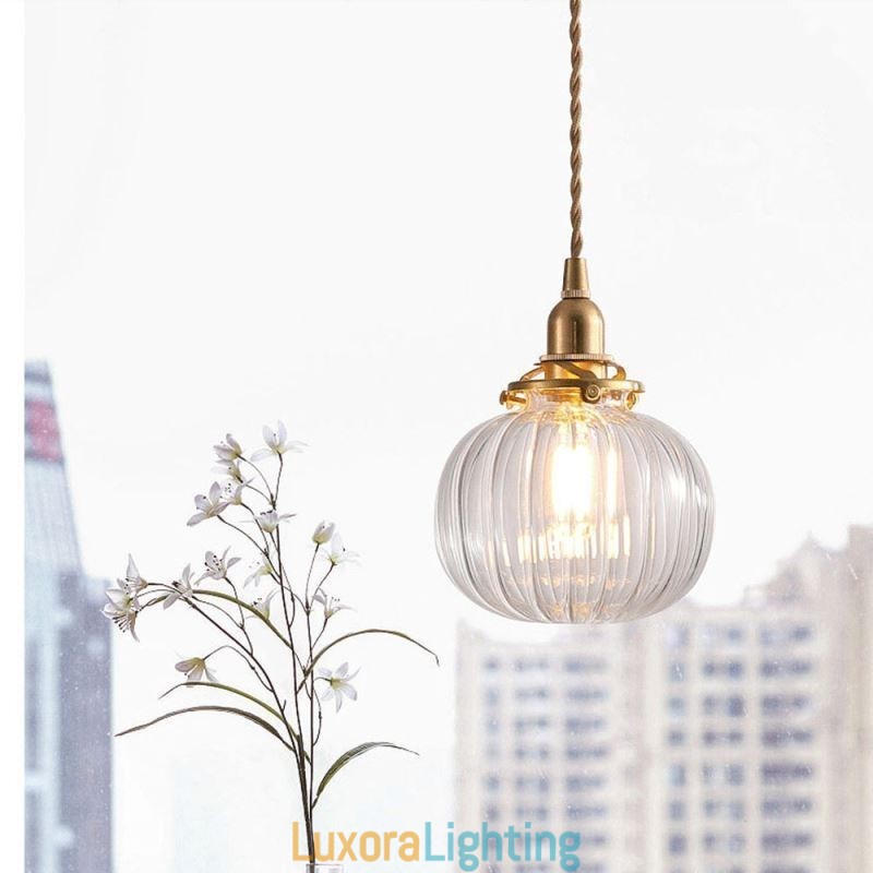 Designer Touch Decorative Glass Pendant Light Clear Round Ribbed Pumpkin Shape Lamp 1 Light