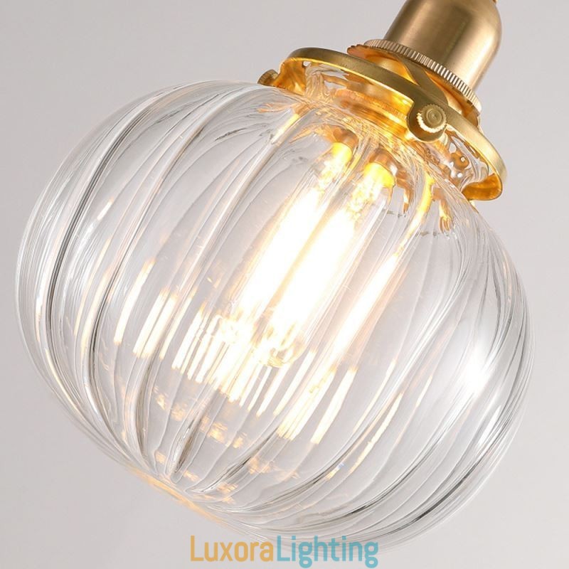 Designer Touch Decorative Glass Pendant Light Clear Round Ribbed Pumpkin Shape Lamp 1 Light