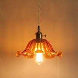Designer Touch Decorative Vintage Colorful Ribbed Glass Pendant Light Flower Shade Lamp With Twist Switch Light