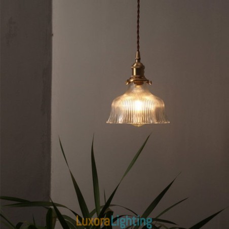 Designer Touch Decorative Dome Large Clear Ribbed Glass Pendant Light with Brass Holder Twist Switch