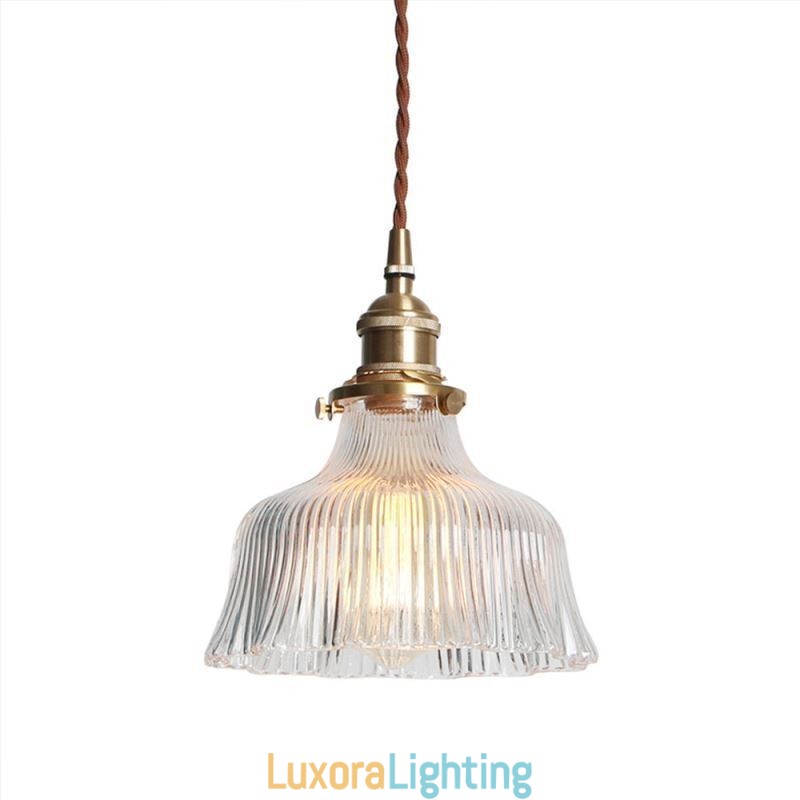 Designer Touch Decorative Dome Large Clear Ribbed Glass Pendant Light with Brass Holder Twist Switch