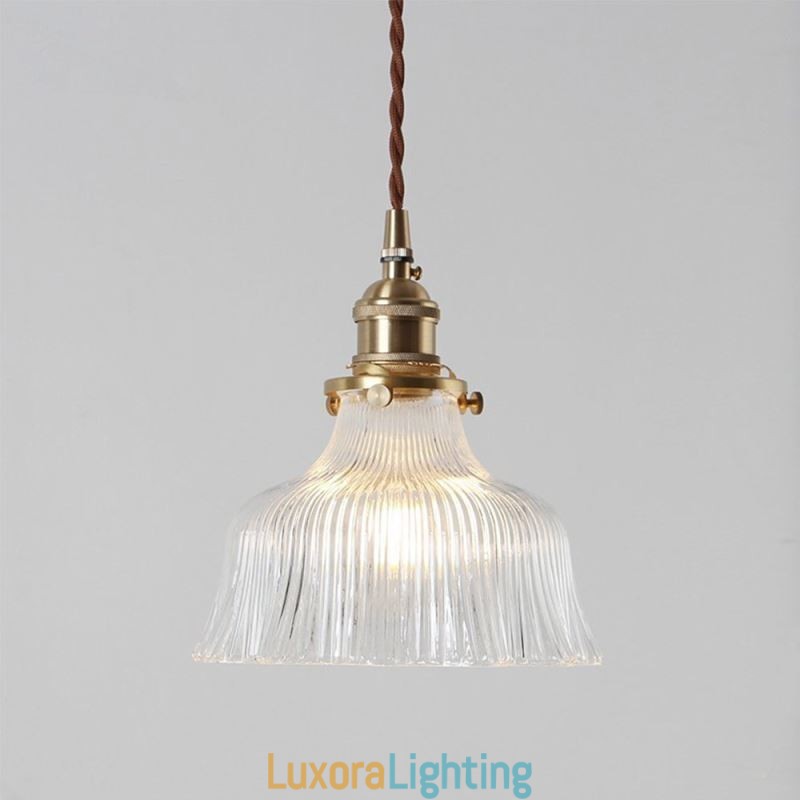 Designer Touch Decorative Dome Large Clear Ribbed Glass Pendant Light with Brass Holder Twist Switch