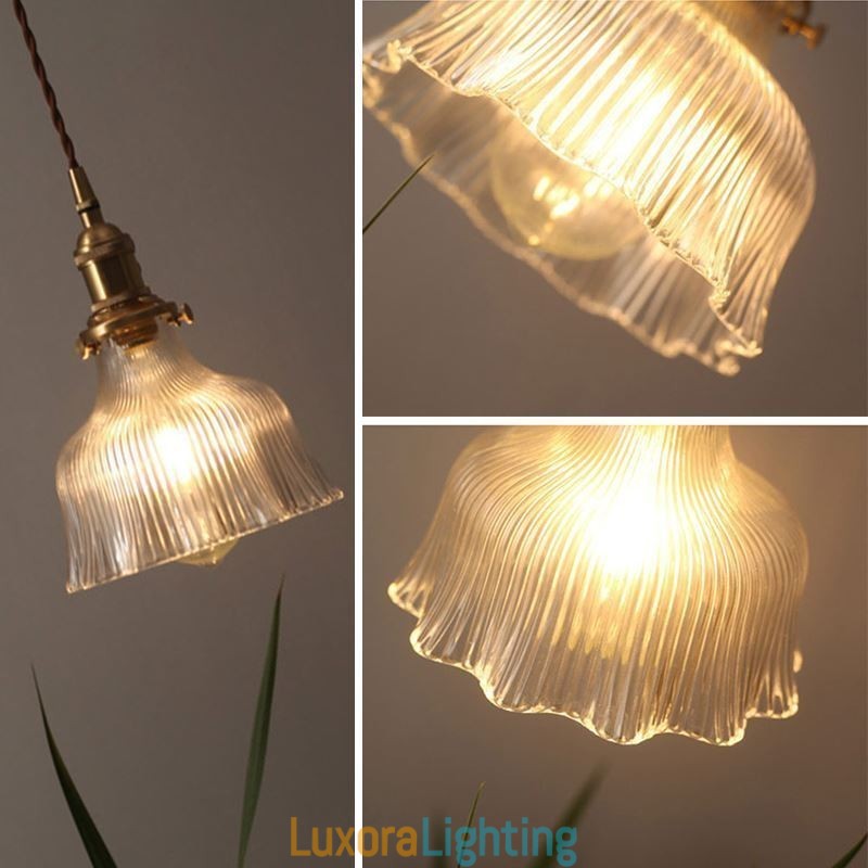Designer Touch Decorative Dome Large Clear Ribbed Glass Pendant Light with Brass Holder Twist Switch