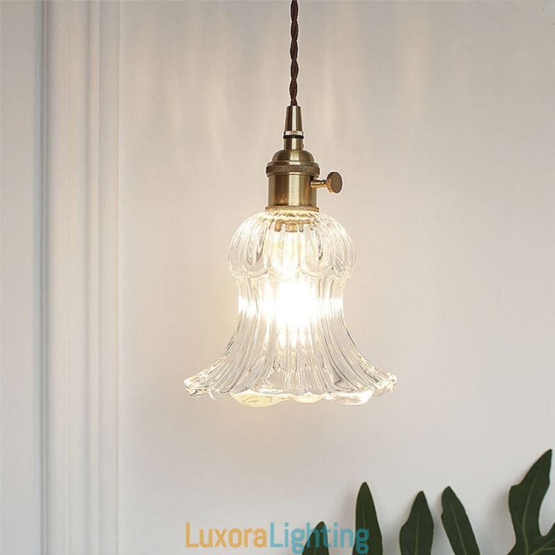 Designer Touch Decorative Clear Ribbed Glass Pendant Light Flower Shape Lamp With Twist Switch